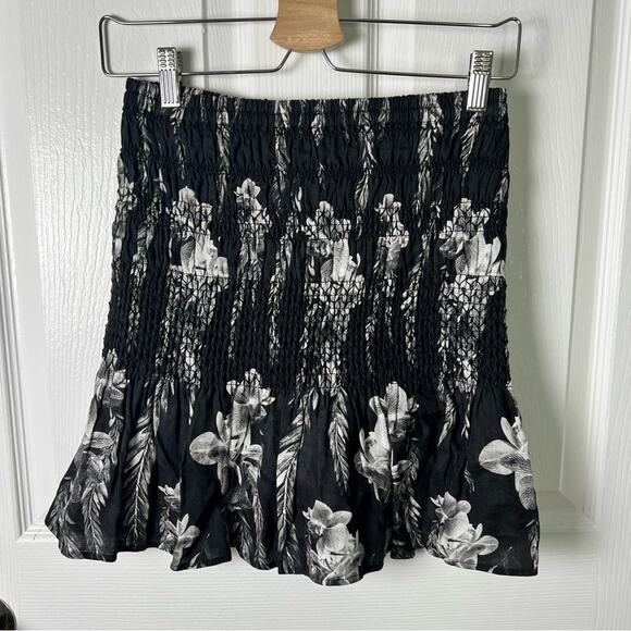 All Saints Linen Floral Black Gray Smocked Ruffle Riah Mia Pull On Mini Skirt 2 - Picture 2 of 8
